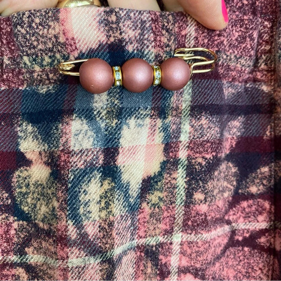 Handmade Boho Flannel Shirt Floral Stencil Bleached Plaid Womens Large XL Red - Picture 6 of 14